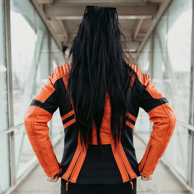 MotoGirl Amelia Leather Motorcycle Jacket in Orange | Veloce Club