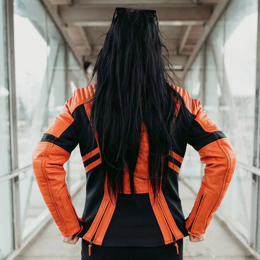 MotoGirl Amelia Leather Motorcycle Jacket in Orange | Veloce Club
