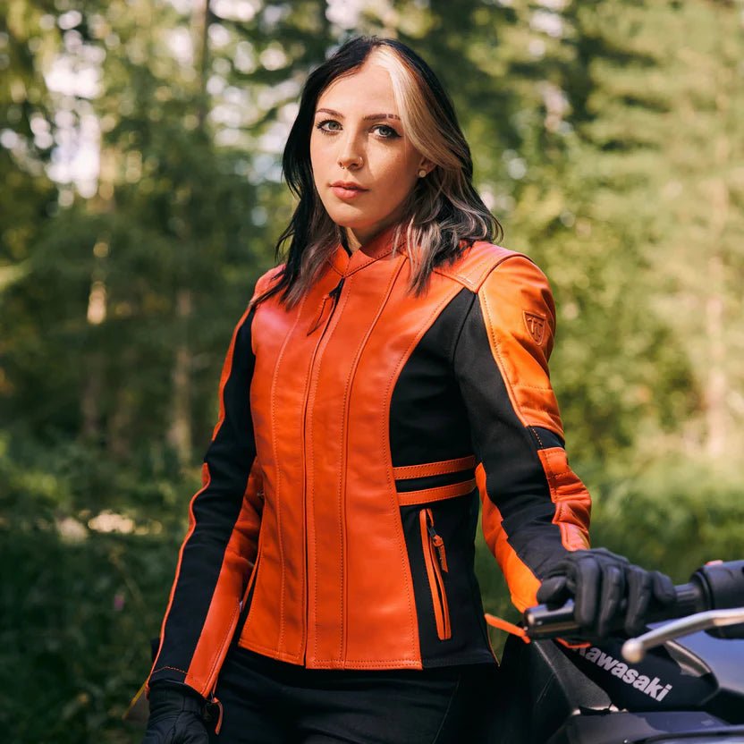 MotoGirl Amelia Leather Motorcycle Jacket in Orange | Veloce Club