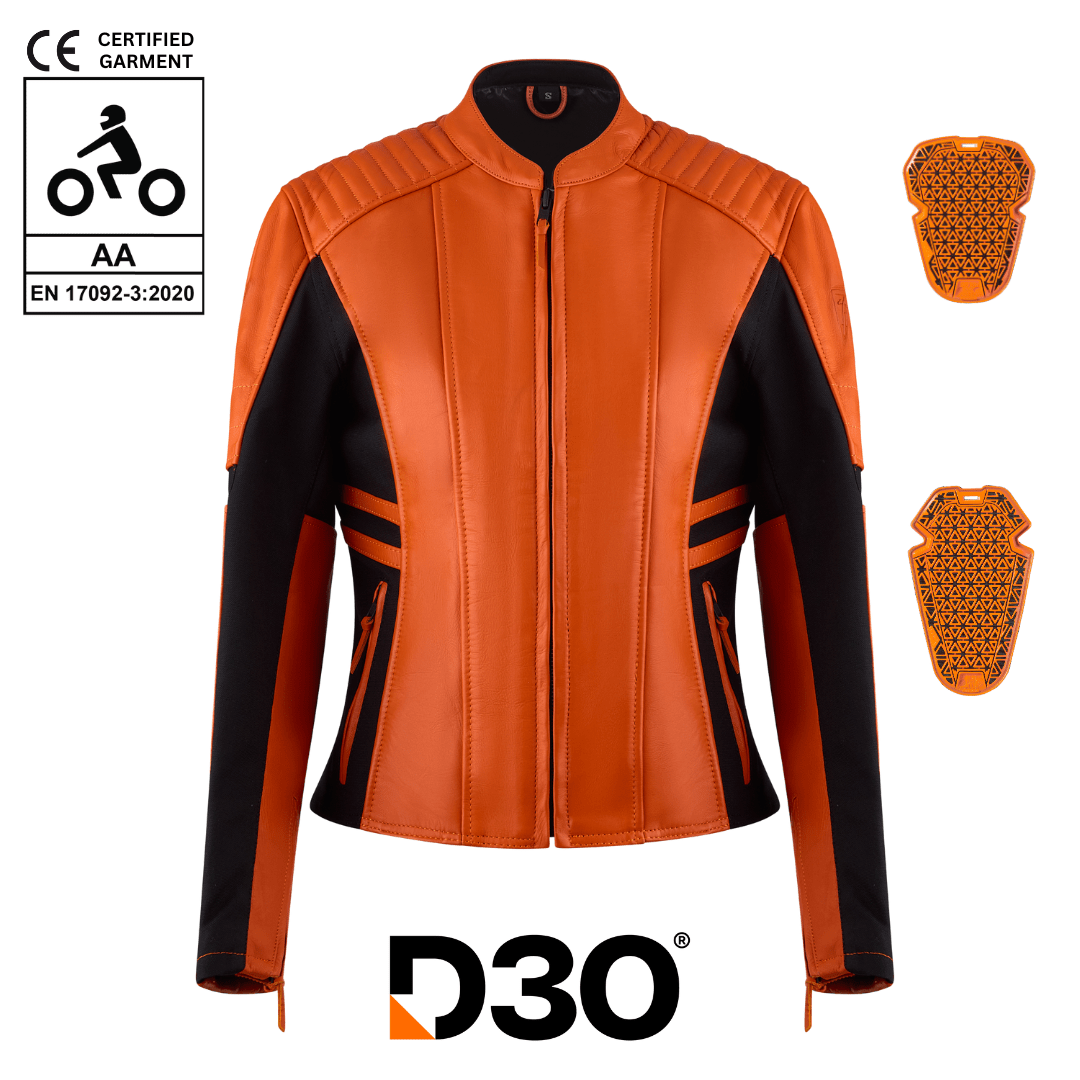 MotoGirl Amelia Leather Jacket Orange - available at Veloce Club