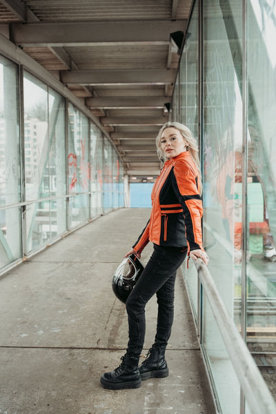 MotoGirl Amelia Leather Jacket Orange - available at Veloce Club