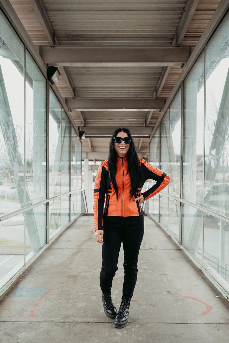 MotoGirl Amelia Leather Jacket Orange - available at Veloce Club