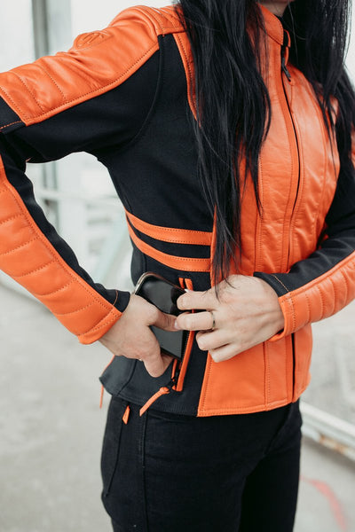 MotoGirl Amelia Leather Jacket Orange - available at Veloce Club