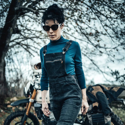 MotoGirl Daisy Dungarees in Black | Veloce Club