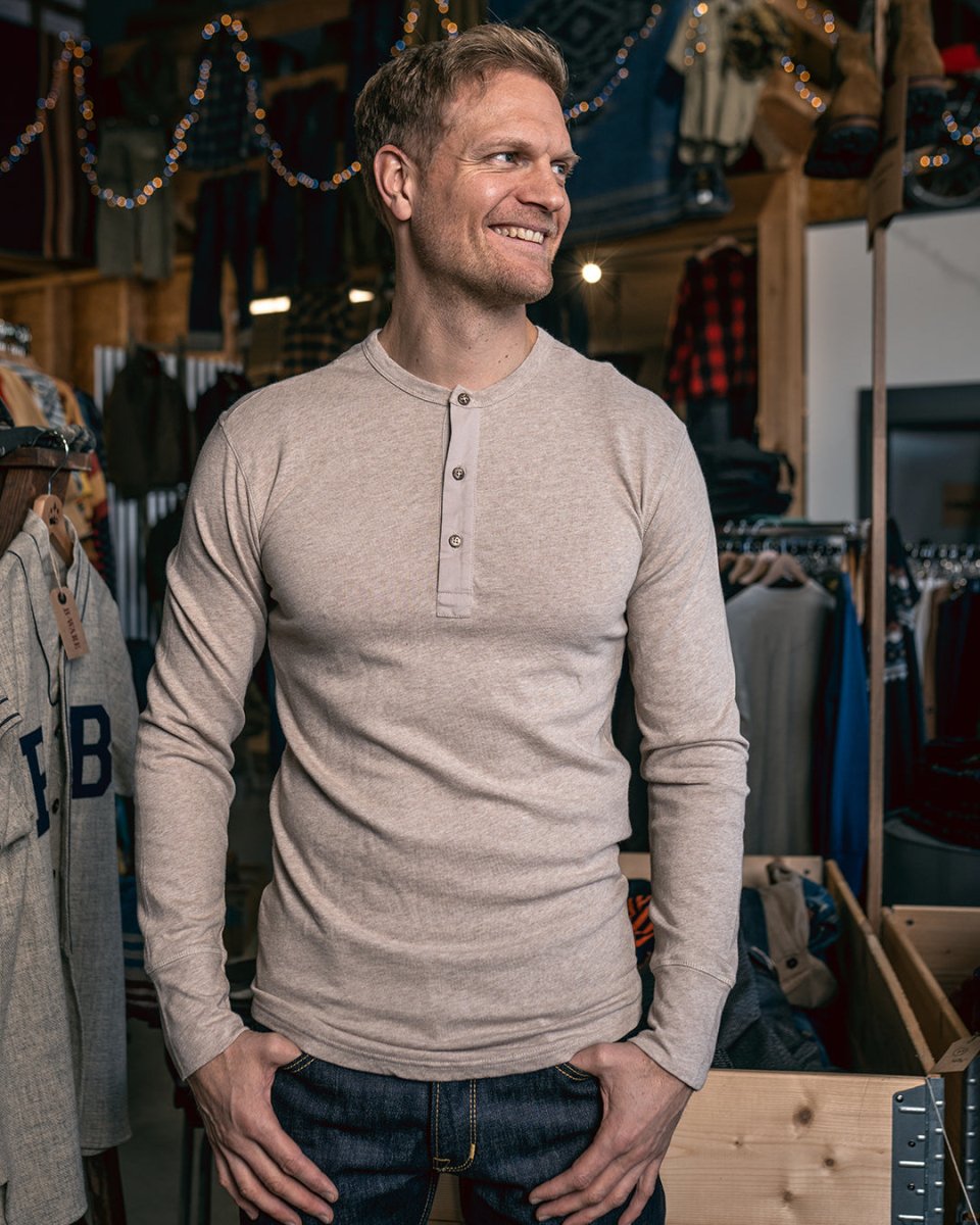 Pike Brothers 1927 Henley Shirt Long Sleeve in Oatmeal - available at Veloce Club