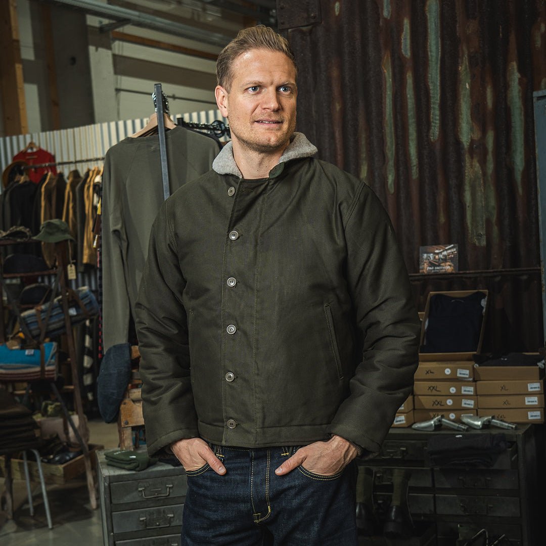 Pike Brothers 1944 N1 Deck Jacket Waxed Olive - available at Veloce Club