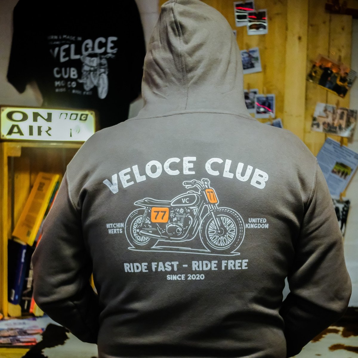 Veloce Club Scrambler77 Hoodie in Charcoal - available at Veloce Club