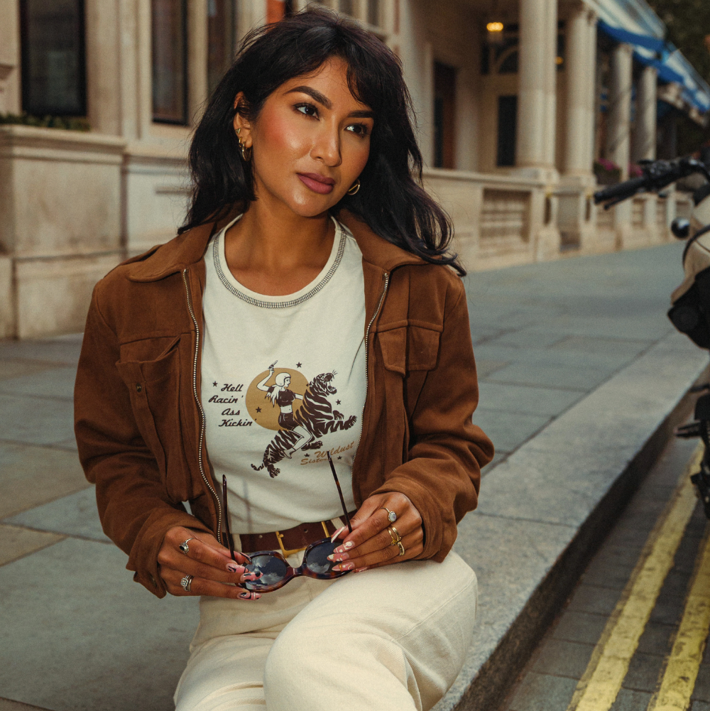 Wildust Sisters Hell Racin' cropped cotton T-shirt with a woman riding a tiger graphic