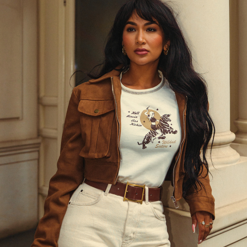 Wildust Sisters Hell Racin' cropped cotton T-shirt with a woman riding a tiger graphic