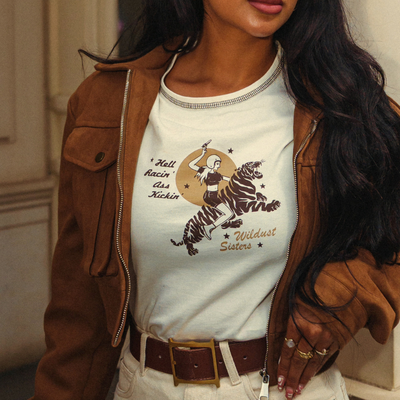 Wildust Sisters Hell Racin' cropped cotton T-shirt with a woman riding a tiger graphic