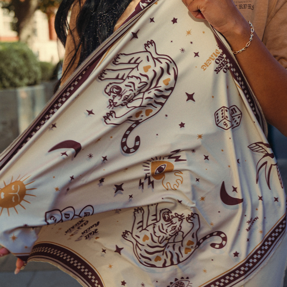 Wildust Sisters Moonrider motorcycle scarf with tiger and celestial graphics