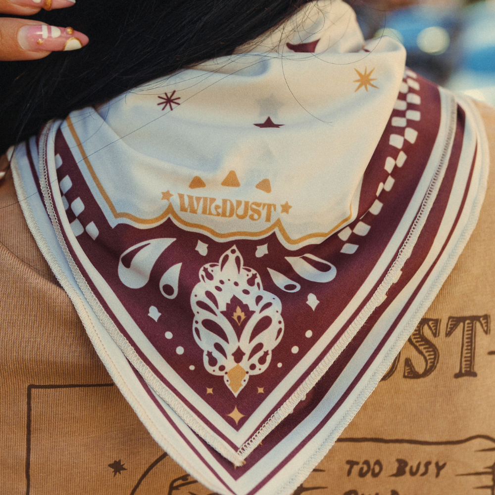 Wildust Sisters Moonrider motorcycle scarf with tiger and celestial graphics
