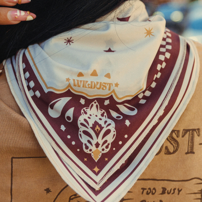 Wildust Sisters Moonrider motorcycle scarf with tiger and celestial graphics