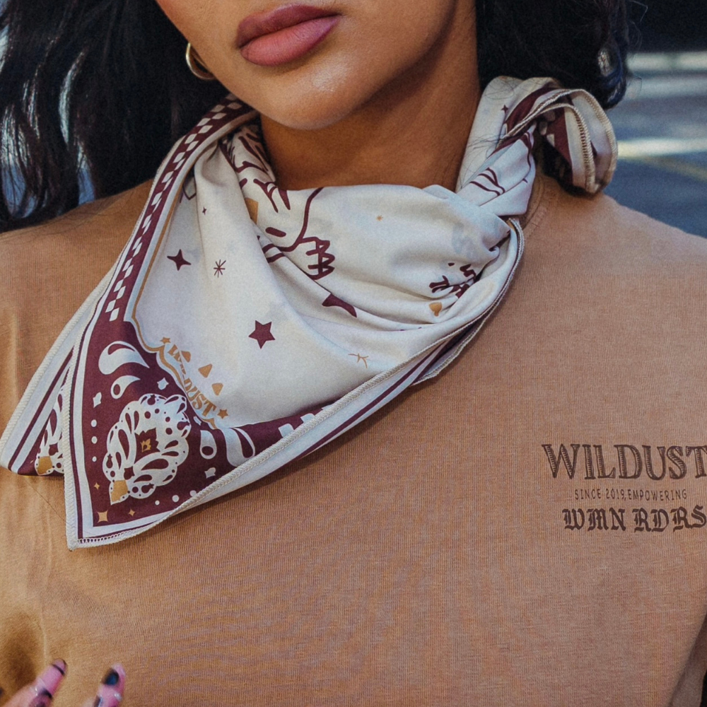 Wildust Sisters Moonrider motorcycle scarf with tiger and celestial graphics