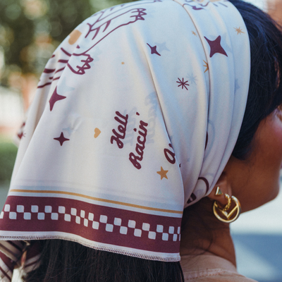 Wildust Sisters Moonrider motorcycle scarf with tiger and celestial graphics
