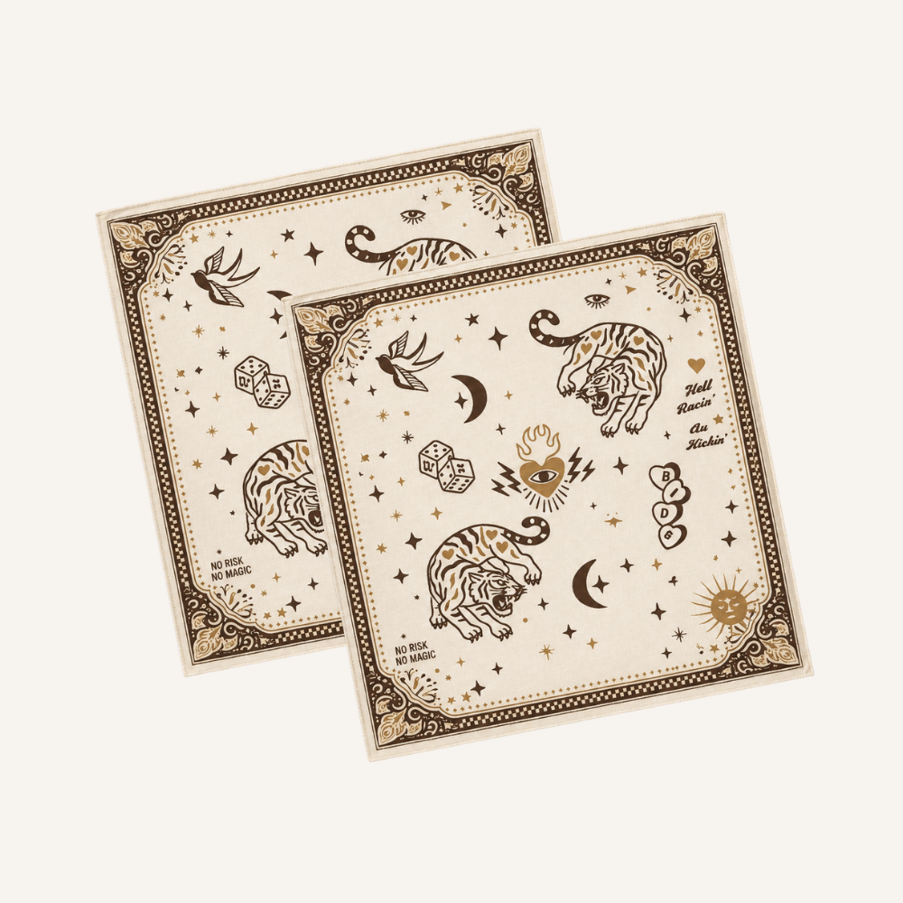 Wildust Sisters Moonrider motorcycle scarf with tiger and celestial graphics