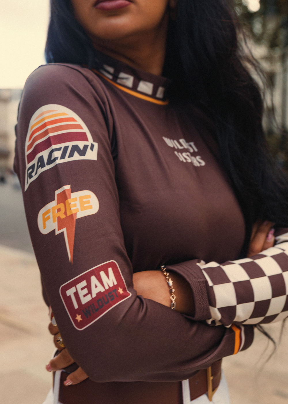 Wildust Sisters Racing Club thermal Lycra top with vintage racing graphics