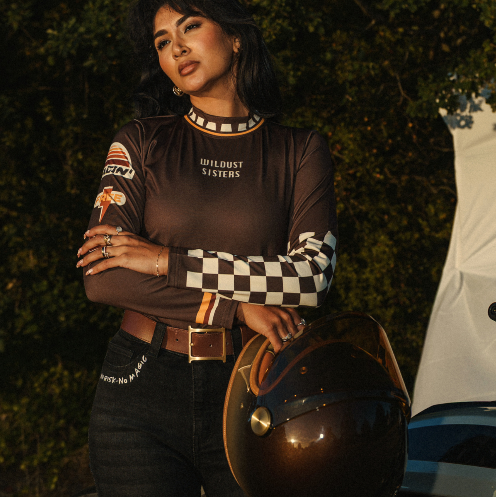 Wildust Sisters Racing Club thermal Lycra top with vintage racing graphics