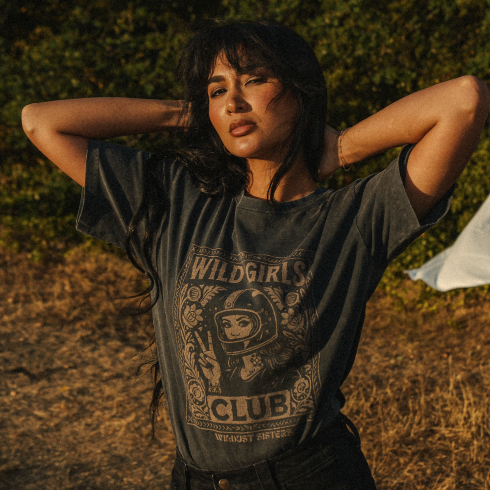 Wildust Sisters Wild Girls Club T-shirt in washed black with a beige front graphic