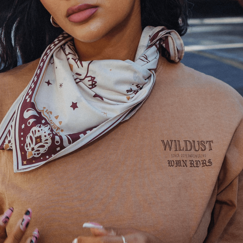 Wildust Sisters Untamed wide cotton T-shirt in camel with brown graphics