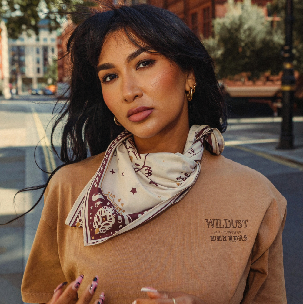 Wildust Sisters Untamed wide cotton T-shirt in camel with brown graphics