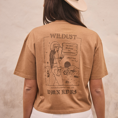 Wildust Sisters Untamed wide cotton T-shirt in camel with brown graphics