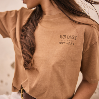 Wildust Sisters Untamed wide cotton T-shirt in camel with brown graphics
