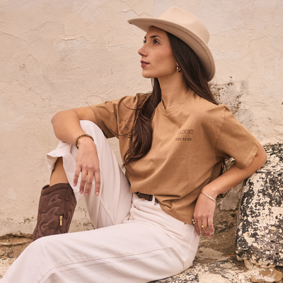 Wildust Sisters Untamed wide cotton T-shirt in camel with brown graphics