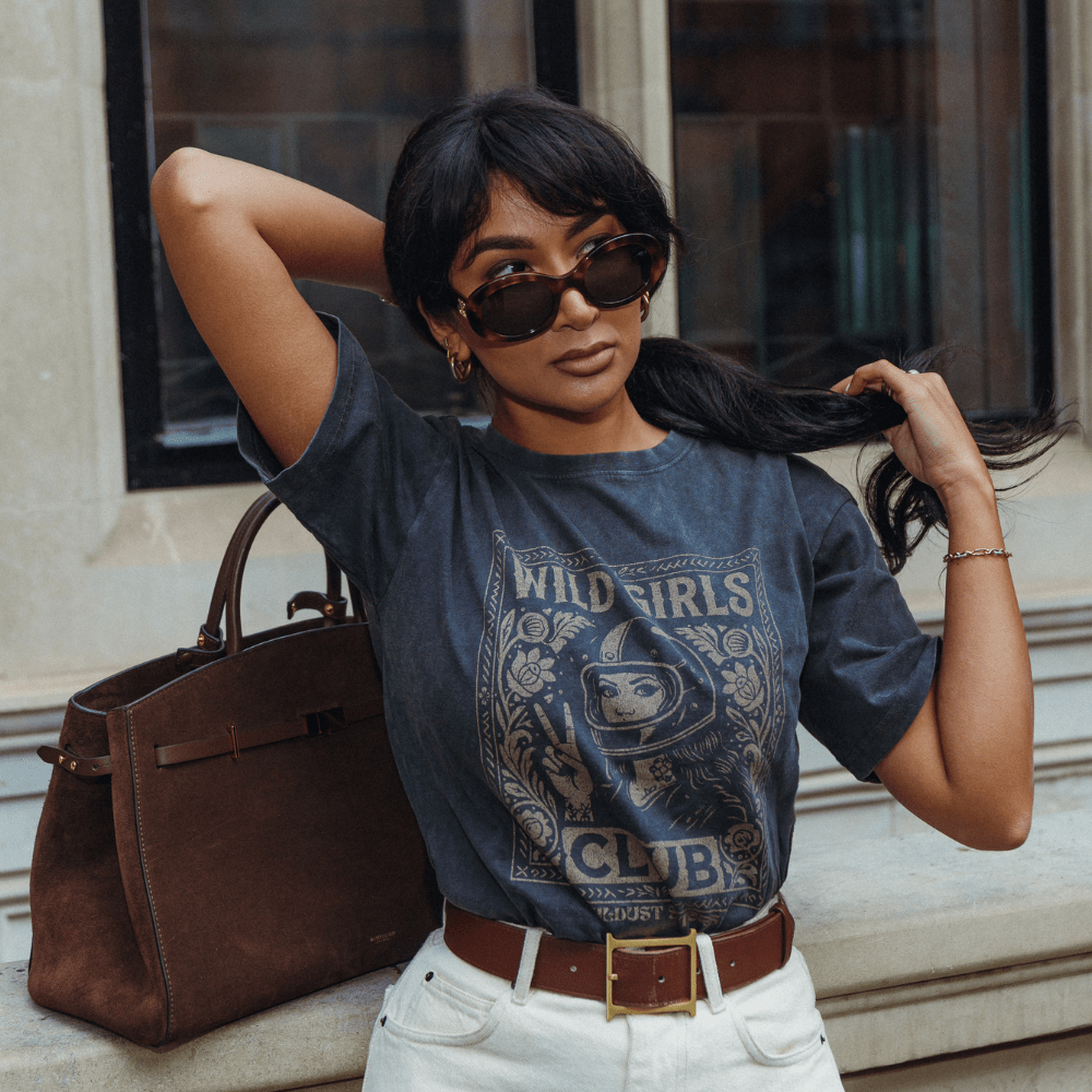 Wildust Sisters Wild Girls Club T-shirt in washed black with a beige front graphic