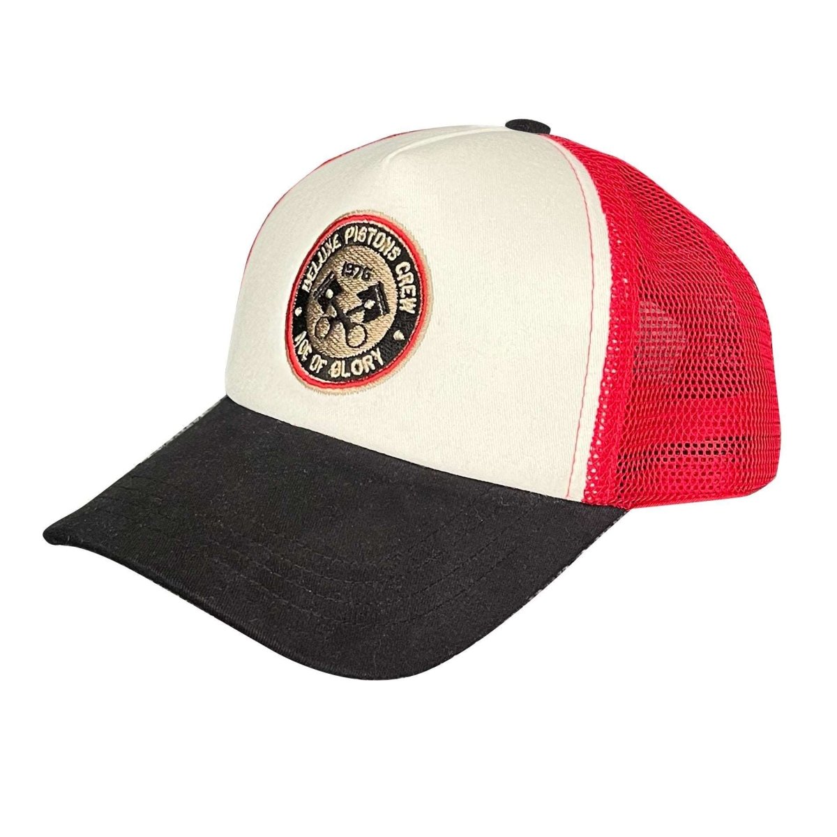 Age of Glory Deluxe Pistons Trucker Cap in Black Off-White Red