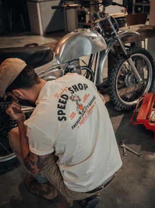 Age of Glory Speed Shop T-shirt in Ecru - available at Veloce Club