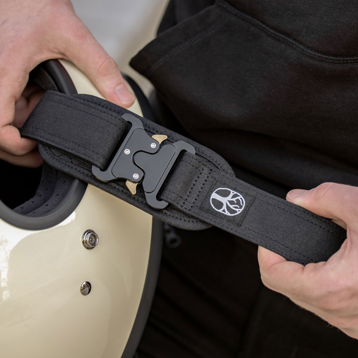 Sling Waxed Cotton Motorcycle Helmet Strap in Black 